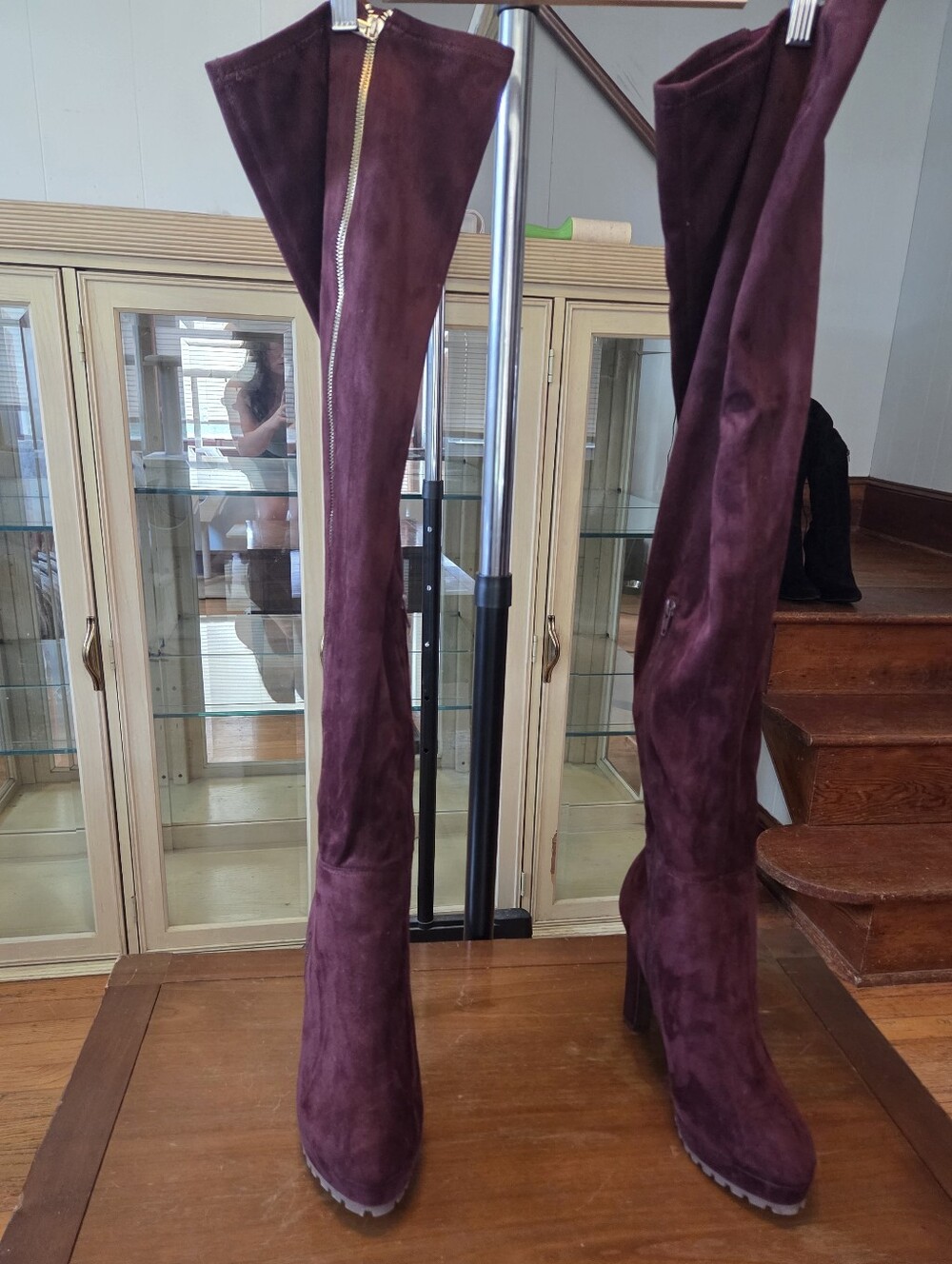 Oxblood Faux Suede Platform Heeled Over The Knee Boots - Picture 3 of 11